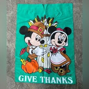 Vintage Give Thanks Disney House Flag Mickey Minnie Mouse Thanksgiving Pilgrims